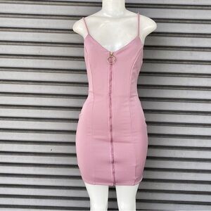Trendy JS Mauve Pink O-Ring Full Zip Front Bodycon Mini Dress Clubwear Medium